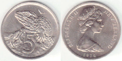 1974 New Zealand 5 Cents (Unc) A004247